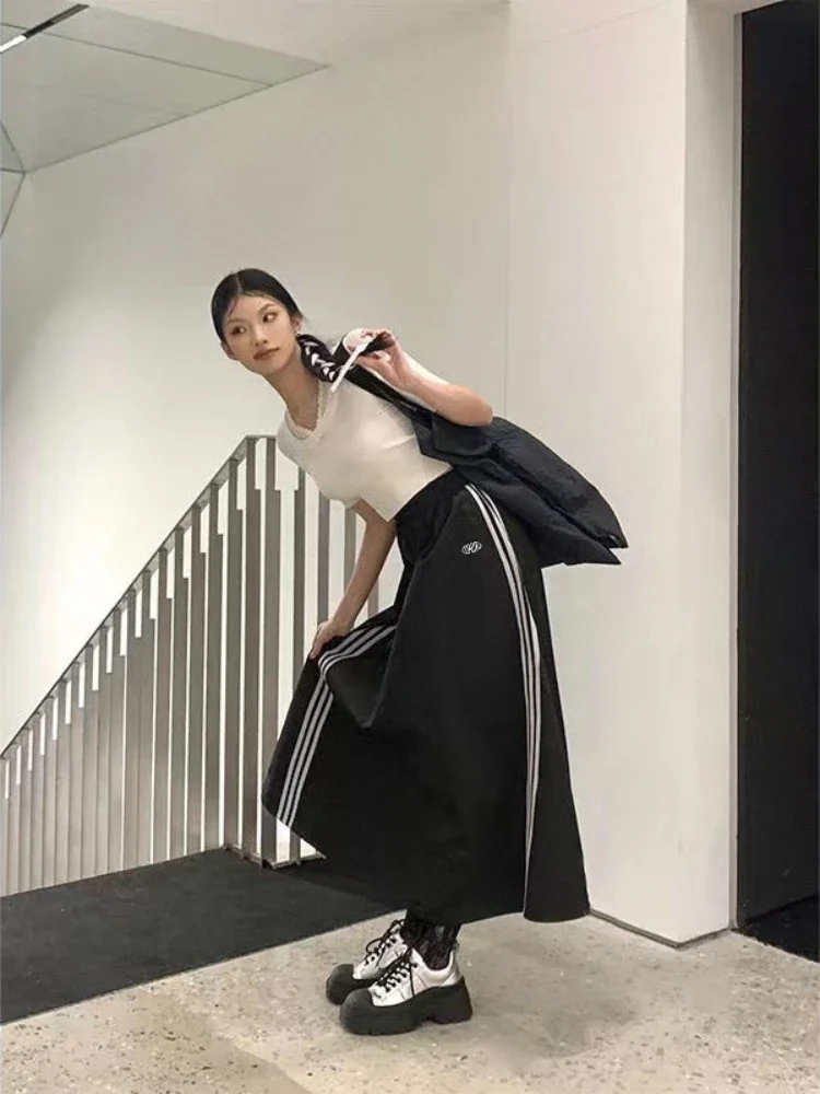 2024 Loose Parachute Skirt Women New Vintage Streetwear Korean Y2K Side Striped Black Skirts Casual Drawstring Aesthetics Skirts