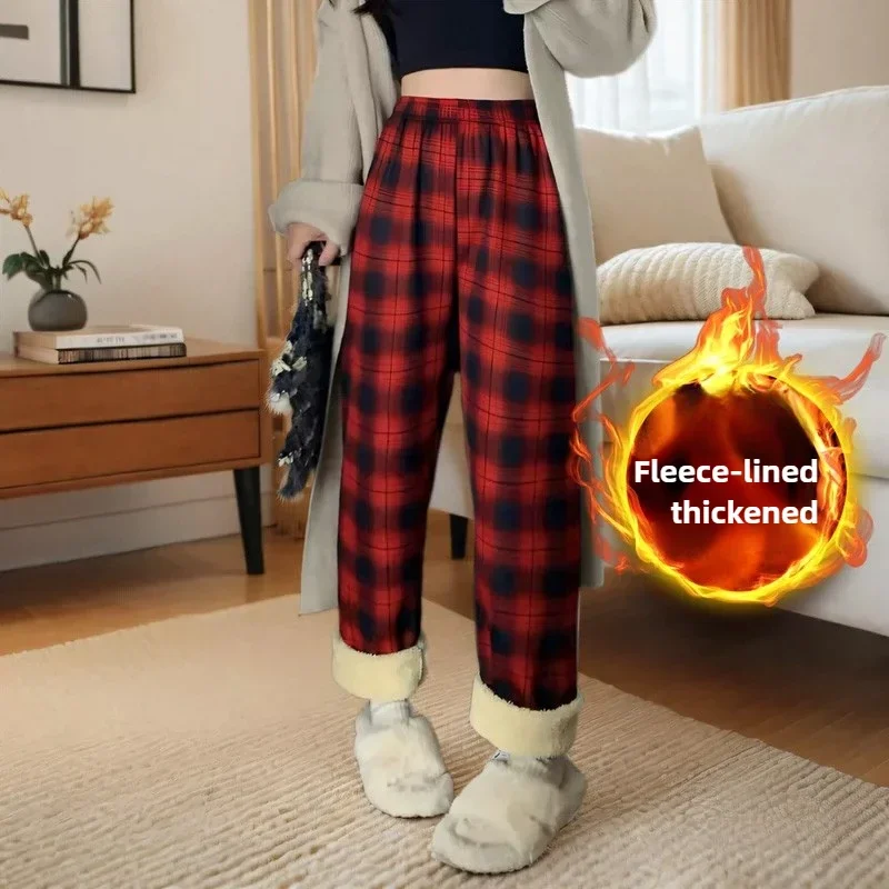 Womens Plaid Wide Leg Fleece Lined Pants High Waisted Loose Fit Winter Warm Thickened Casual Lounge Trousers for Daily Wear