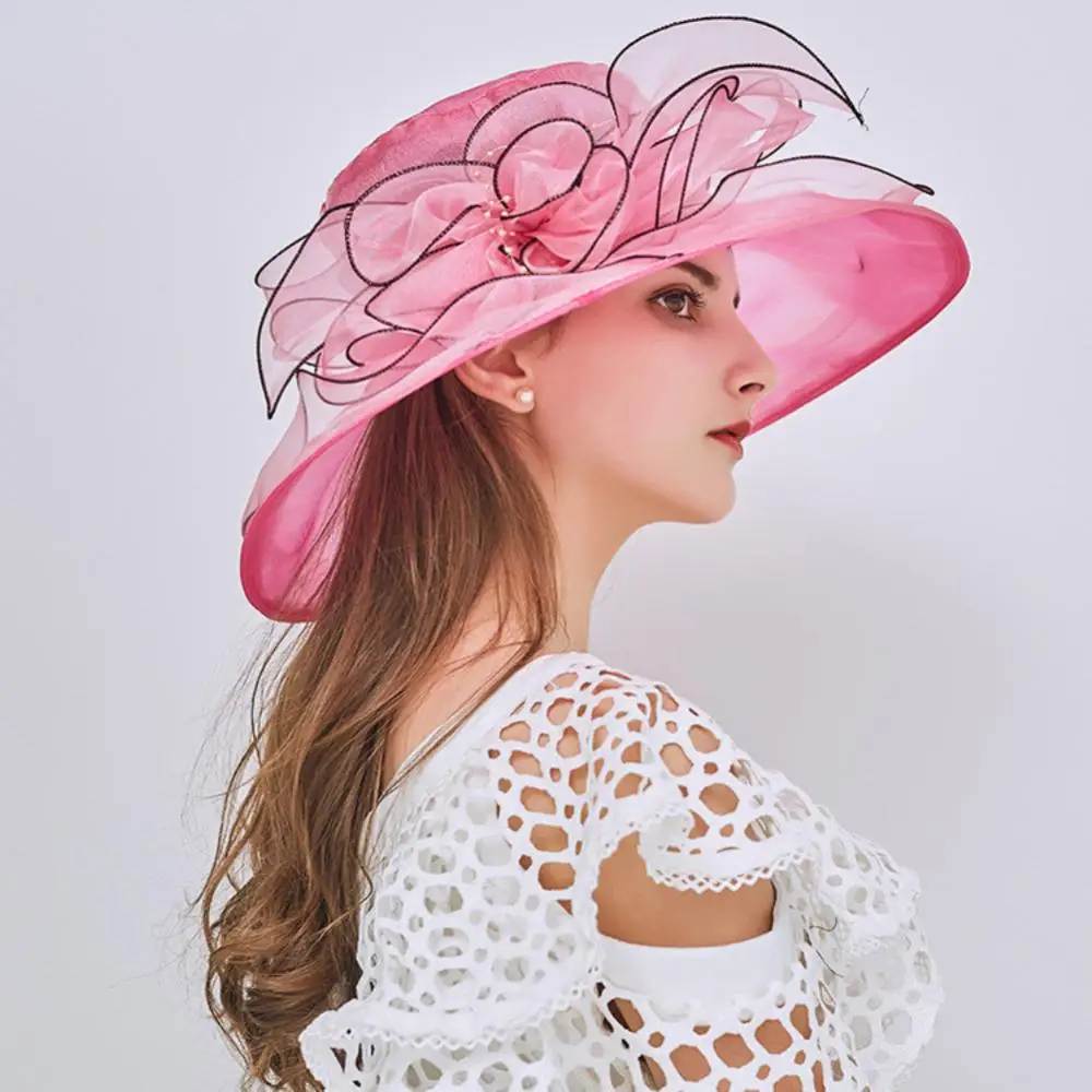 Lato w stylu Vintage stroiki do włosów dla kobiet eleganckie Organza szerokie rondo Flowe panie Kentucky Derby wesele kościół kapelusz Fedora