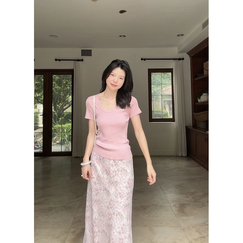 

Co99 Wool Silk Floral Knitted ort Sve Top And f Skirt Set Summer Versatile Slim Fit U Ne French Sle Women's Faion
