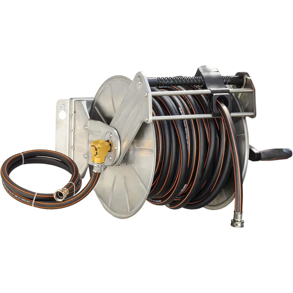 

Катушка для садового шланга из нержавеющей стали со сверхмощным шлангом 5/8 x 100 футов, металлическая катушка для водяного шланга на стене/наполе с кривошипной ручкой