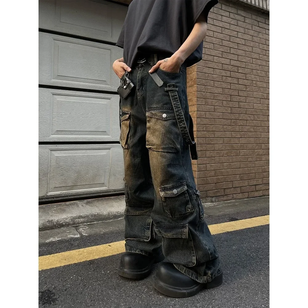 2025 American Retro Yellow Mud Color Multi-pocket Cargo Jeans Men's and Women's Loose Straight Leg Hip Hop Pants Baggy Jeans