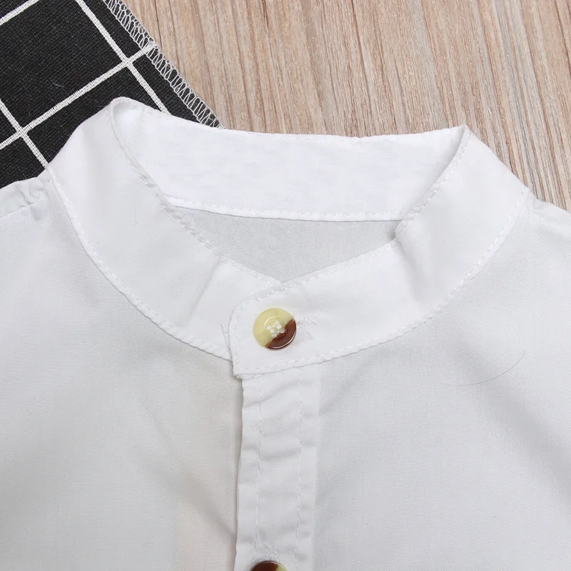 Lente Jongens Boetiek Kleding Set Mode Gentleman Witte Lange Mouw Katoenen Baby Tops + Broek + Bandjes Koreaanse Kinderkleding BC1057-1