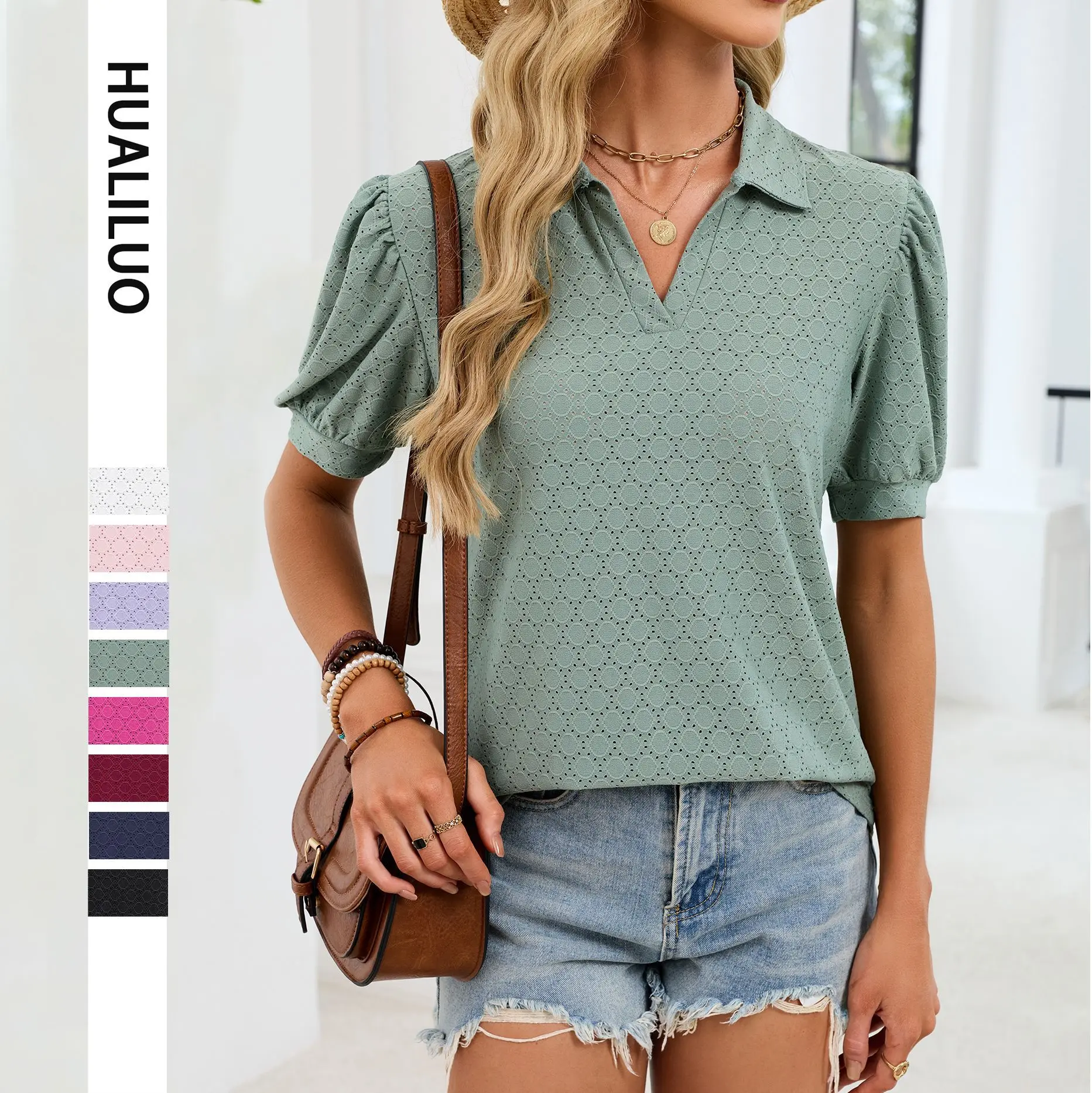 Solid Color Puff Sleeve Loose Lapel Short Sleeve POLO Shirt Women's Summer New Style Commuting Versatile Daily Outdoor Wear Top
