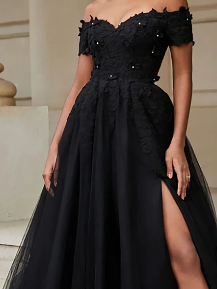 

Classic Black Off Shoulder Beading Pleat A-Line Formal Evening Dresses Birthday Party Prom Gowns Customized