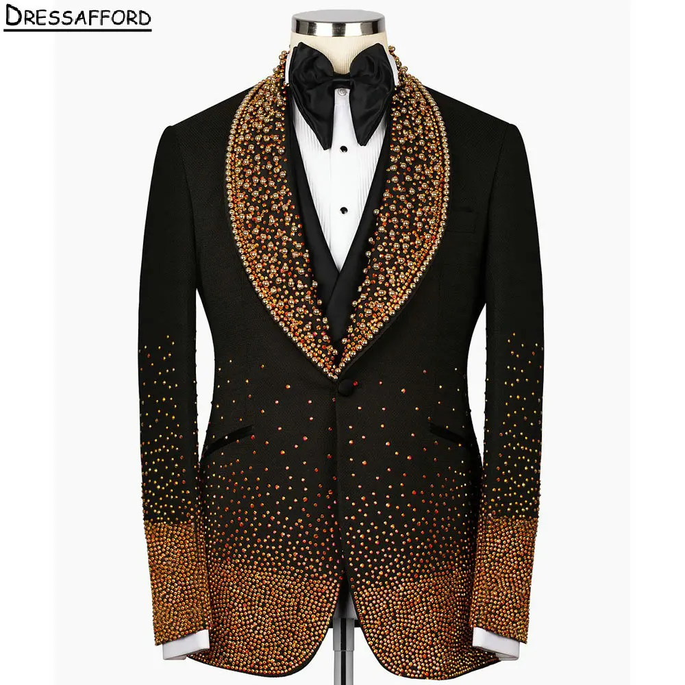 Black Men Suits For Wedding Groom Tuxedos Gold Crystal Beading 2 Pieces Jacket Pants Prom Blazers Customized