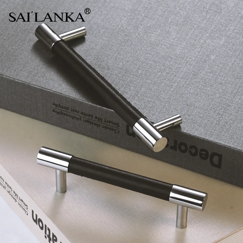 SAILANKA Brass Handle Black Leather Silver Cabinet Door Handle Scandinavian Style Simple Drawer Cabinet Handle