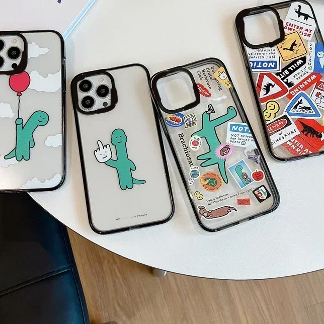 Cartoon Dinosaur Acrylic Frame Phone Case Cover for IPhone 11 12 13 14 15 16 Pro Max Case for IPhone 16 Pro Max