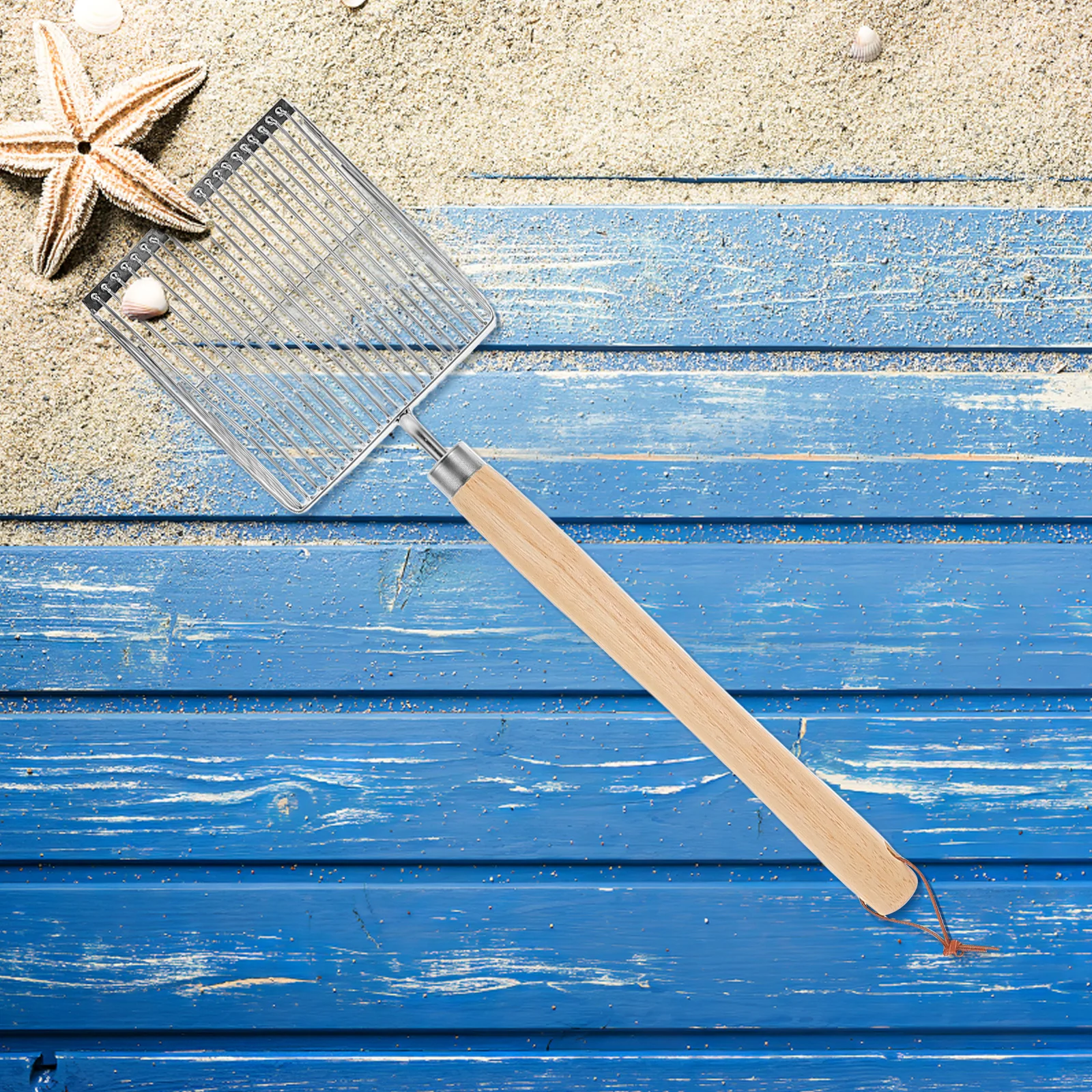 Tamiz de arena portátil de acero inoxidable para playa, mango de madera, diseño de malla extendida, carcasa eficiente para recoger actividades al aire libre para niños