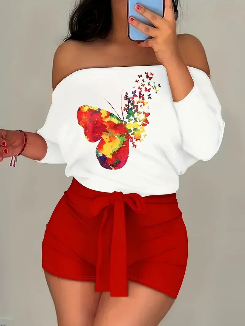

Plus Size 1XL-5XL Women's Fashion Print Two Piece Set Outfit & Shorts Outfit Ladies Casual Shoulder-Baring T-Shirt