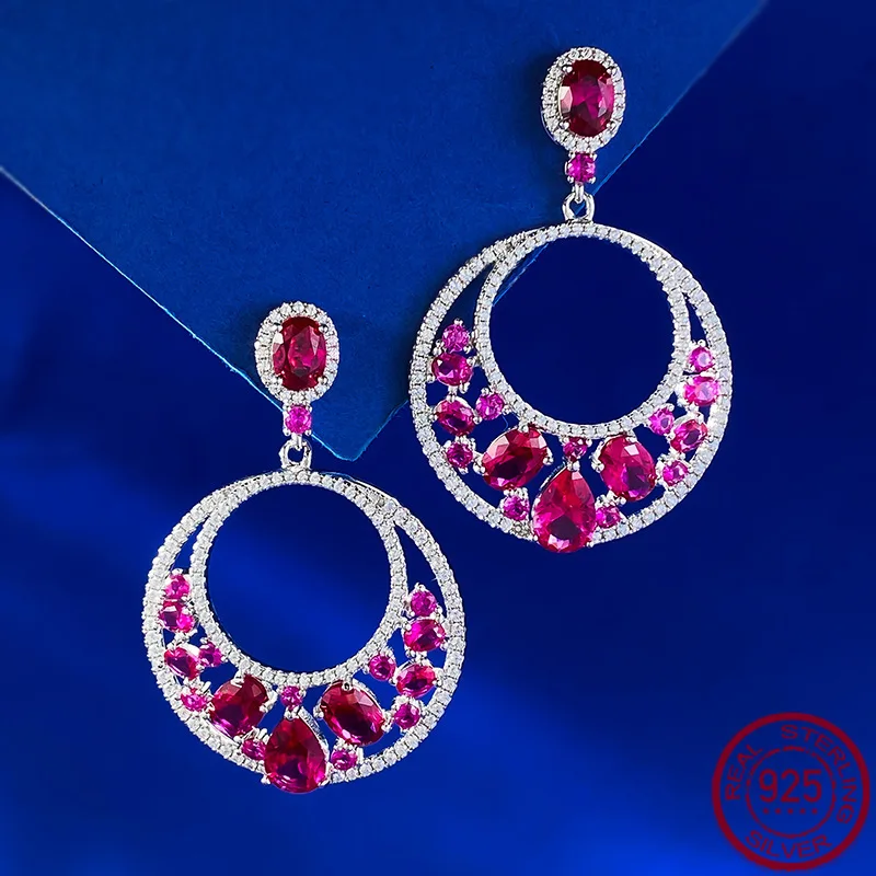 

New inlaid water droplet 6 * 9 pigeon blood red European and American luxury style ice flower s925 earrings wedding jewelry