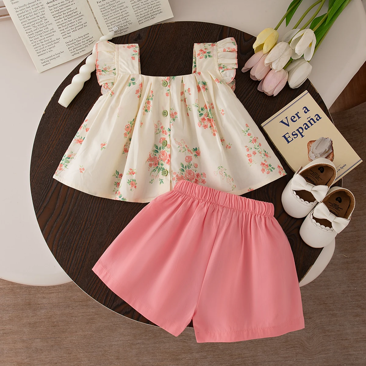 2pc/Set Baby Girl Set Summer Cotton Printed Small Fly Sleeve Top Shorts Baby Outfit Set Sweet And Casual Beach Baby Clothing