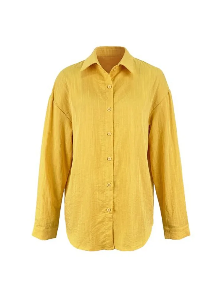 UOOZEE Women's Loose Buttoned Solid Color Lapel Blouses 2026 New Long Sleeves Urban Casual Office Minimalist Yellow Shirts Tops view 4