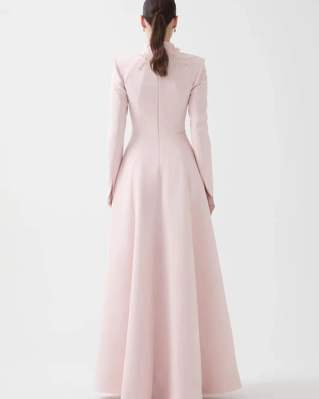 Ranmo Customized Long Sleeve V-Neck Structured Embellished Beaded Appliques Light Pink A Line Floor Length Formal Evening Dress