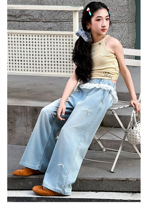 Neue Süße Schleifenjeans mit Spitze für Teenager-Mädchen, Beliebte Hochgeschnittene Gerade Denim-Hosen, Kinder Casual Sommer-Jeans-Hosen – Detail 2