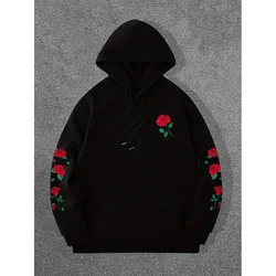 Red Rose Print Hoodie Men Woman Round Neck Long Sleeve Hoodies Hooded Sweatshirts Harajuku Pullover Tracksuit Unisex Clothing