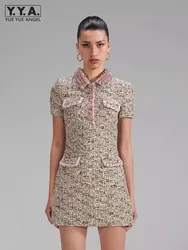 Designer Womem Slim Fit Diamonds Lapel Collar Tweed Dress Short Sleeve A Line Mini Dress Autumn Elegant Party Crystal Dresses