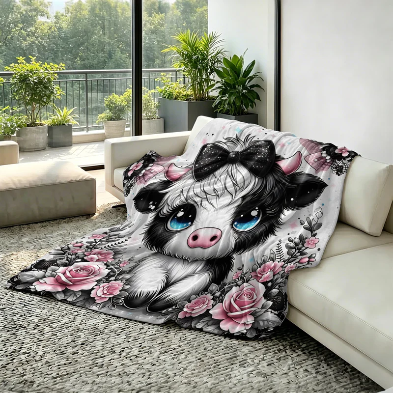 Microfiber Cooling Blanket,Ultra-Soft,Skin-Friendly,Portable,Durable,Black White Kawaii Cow with Blue Teary,Bedroom Relaxation