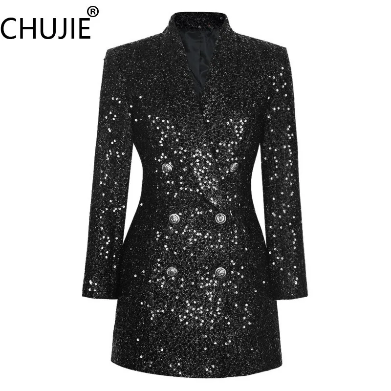 

Sequin Waist-Cinching Blazer, Heavyweight Knit Suit Jacket, Office Night Out, Stretchy Viscose Blend, Chic Tailored Fit
