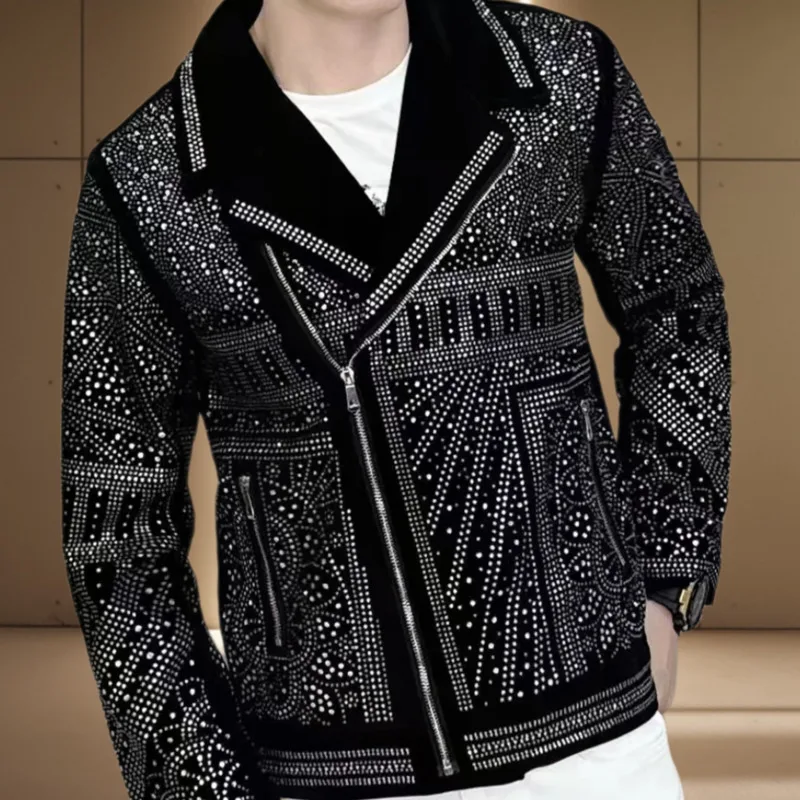 Blouson aviateur noir avec biscuits pour homme, manteau de luxe, tenue de club punk, perceuse à chaud, diamant, qualité supérieure, nouveau, 2024