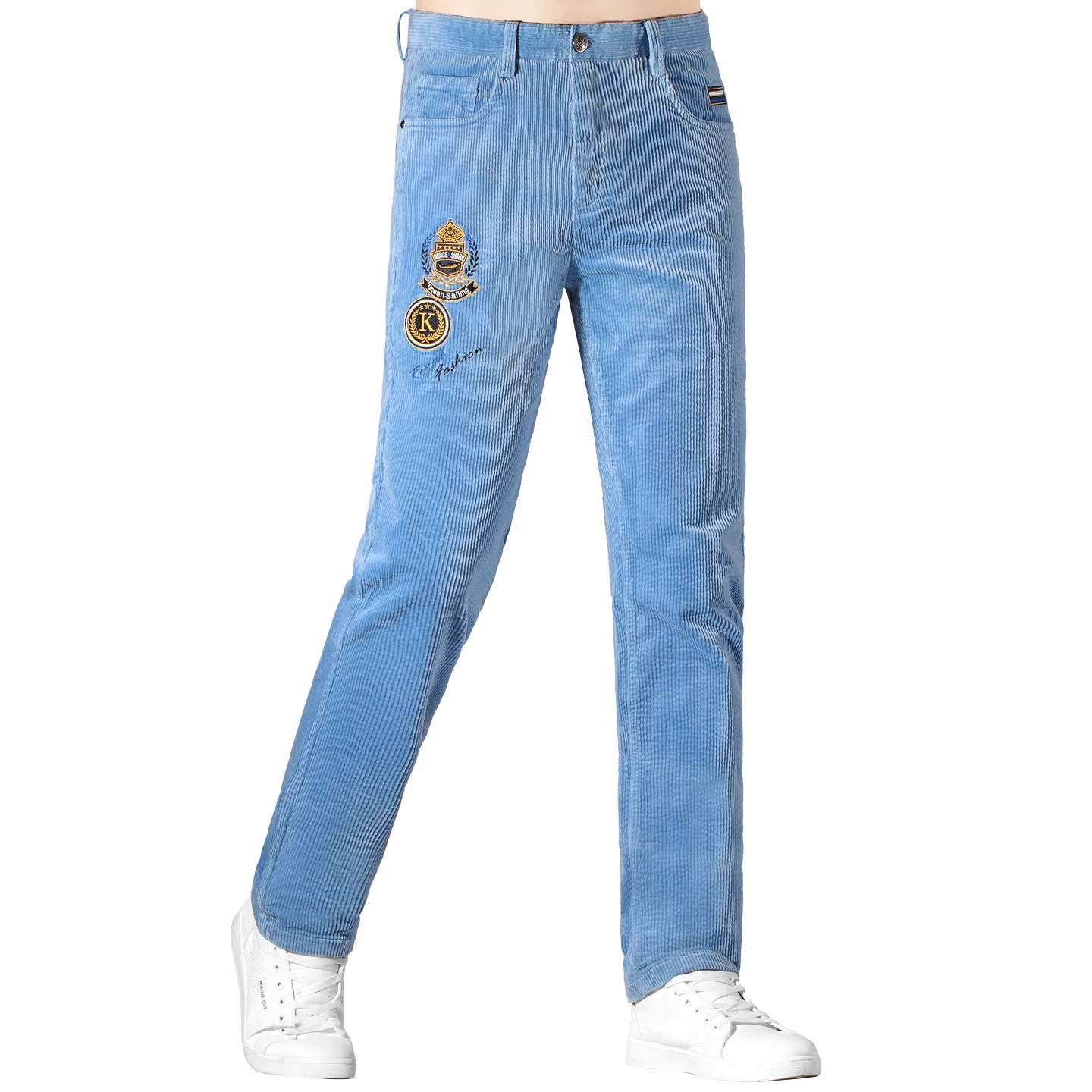 Pantaloni da uomo addensati ricamati di tendenza invernale Bruce & Shark Pantaloni larghi in vita a gamba dritta in velluto a coste azzurro per uomo di grandi dimensioni