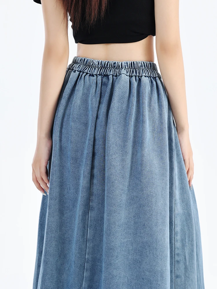 Autumn 2024 New High Elastic Waist Long Denim Skirt For Women Korean Style Streetwear Lace-up Blue Maxi Jeans Skirts Female