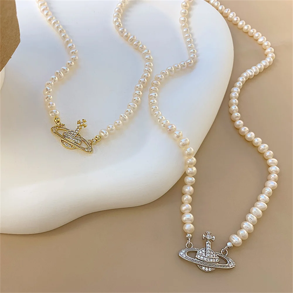 

European & American S925 Sterling Silver Baroque Pearl Necklace, Light Luxury Stylish Saturn, Women's Collarbone Chain Jewelry