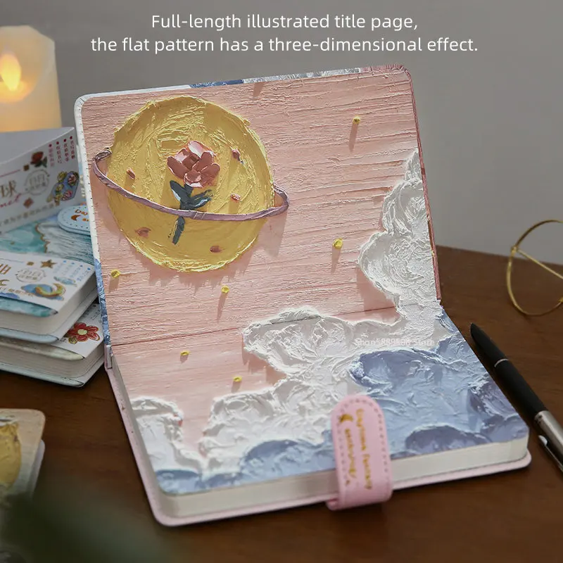 

Literary Hand-drawn Oil Painting Stick Handbook PU Foil Magnetic Buckle Notebook Couple Full Color Inside Calendar Bookmark