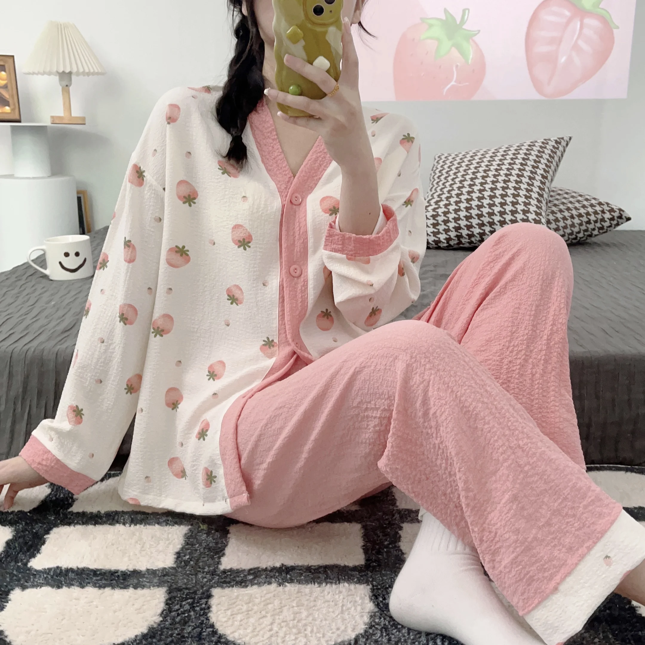 Spring New Pajamas Women's Bubble Cotton Sweet V-Neck Cardigan Summer Air Conditioning Clothing Printing Home Clothing Pajamas