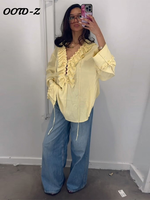Boho Women's Yellow Ruffles Blouses Chiffon Sheer V-neck Bandage Long Flare Sleeve Shirts 2025 Spring Summer Lady Loose Top