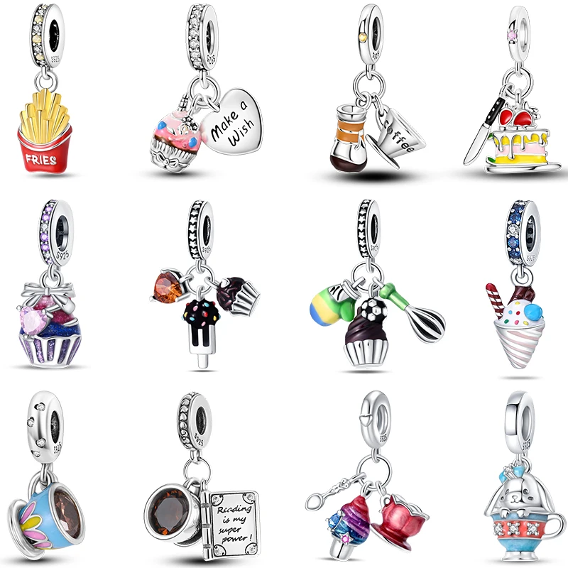 Charms Fit Pandora S925 Silver Afternoon Tea Series Coffee Cake Ice Cream French Fries Beads Original DIY Best Jewelry Gifts