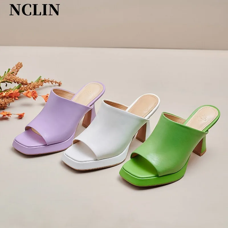 2024 Summer Women Genuine Leather Slippers Square Toe Chunky Heel Solid Sandals High Heels Sandals Shoes For Women Handmade