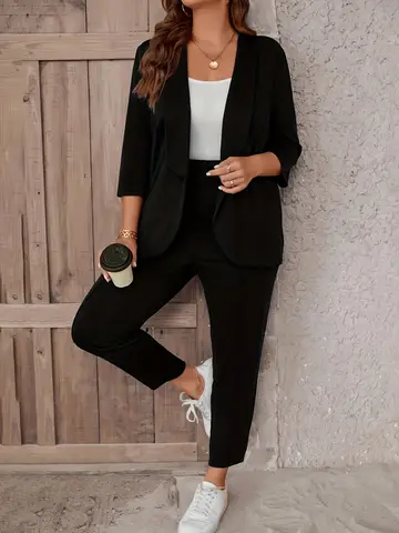Plus Size Women's Elegant Suit Jacket Set Casual Fashion Office Lady Solid Blazers Coats Pants 2 Piece