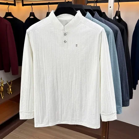 Men Stand Collar Long Sleeve Henley Shirt Textured Fabric Two Button Placket Embroidery Detail Daily Casual Top