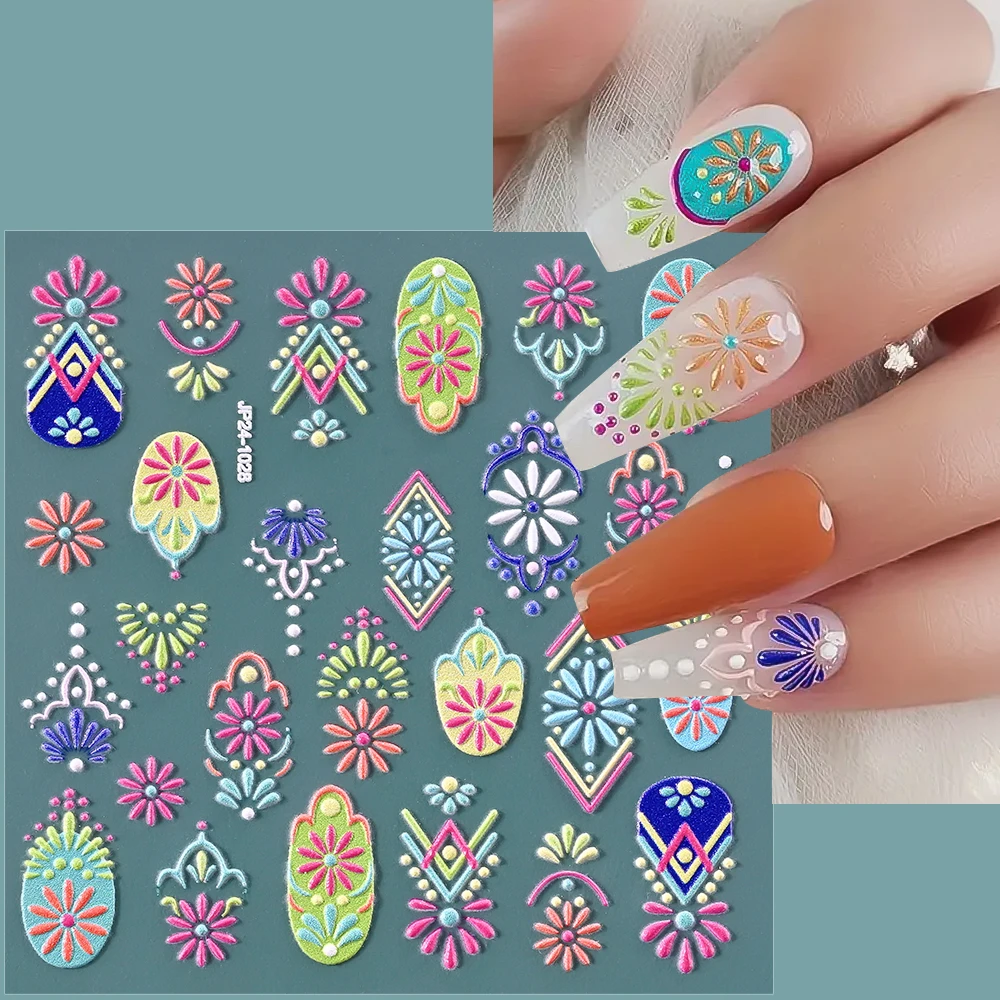 1/2Pcs 5D Bohemia Flower Nail Stickers Embroidery Boho Floral Adhesive Nail Decals Exquisite Vintage Flowers Nail Art Decoration