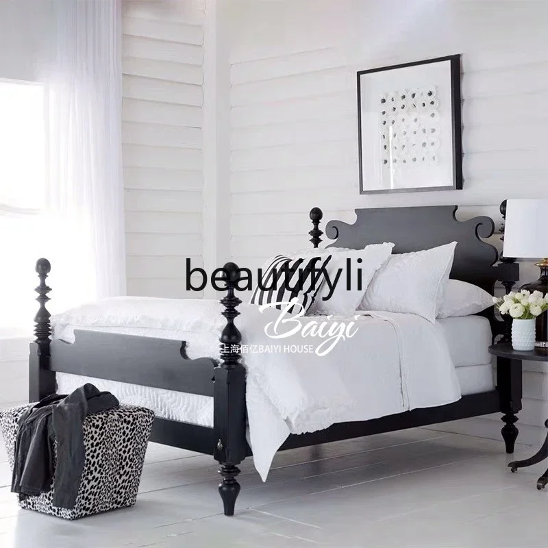 

D80 American solid wood double French simple furniture custom master bedroom black retro wedding bed princess bed