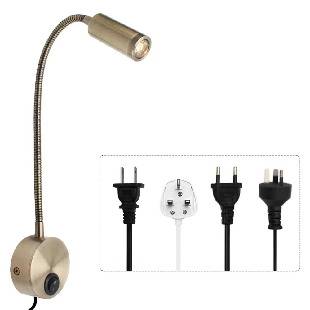 Tokili Plug in Bronze Wall Sconces Antique LED 3W AC100-240V Flexible Reading Lamp Focused Eye-Caring for Work Study Book Light