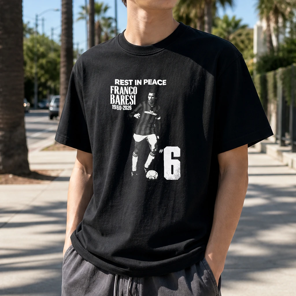 Rest In Peace Franco Baresi 1960-2026 Dribbling Action With #6 Print Men Black T Shirt Vintage Soccer Legend Memorial Tee