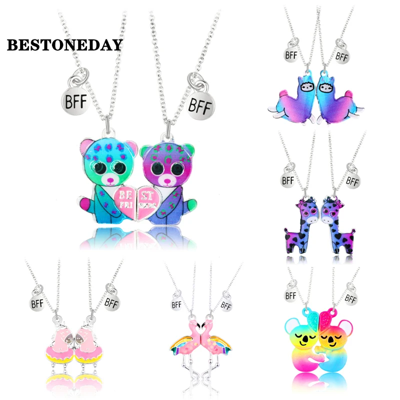 New Cute Cartoon Pendant Chain Best Friends Magnet Necklace BFF Friendship Children\'s Jewelry Gift for Girls 2Pcs