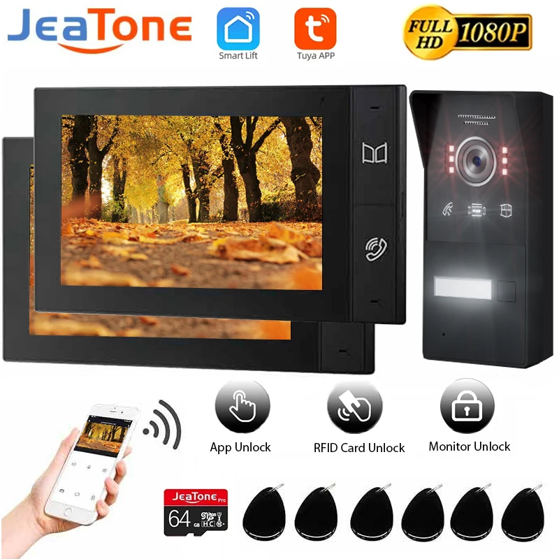 Jeatone 2 Wires 1080P Tuya Wifi Intercom TUYA Smart Home 7 Inch Touch Screen Monitor Unlock Card Doorbell Camera Security System