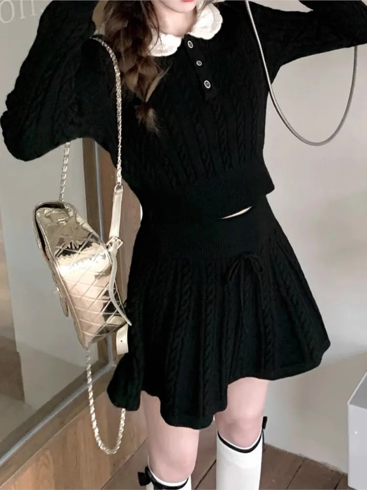 Women\'s Two Pieces Knitted Skirt Set Elegant Kawaii Long Sleeves Pullover Sweater + A-Line Mini Skirt Y2K Autumn Female Clothing