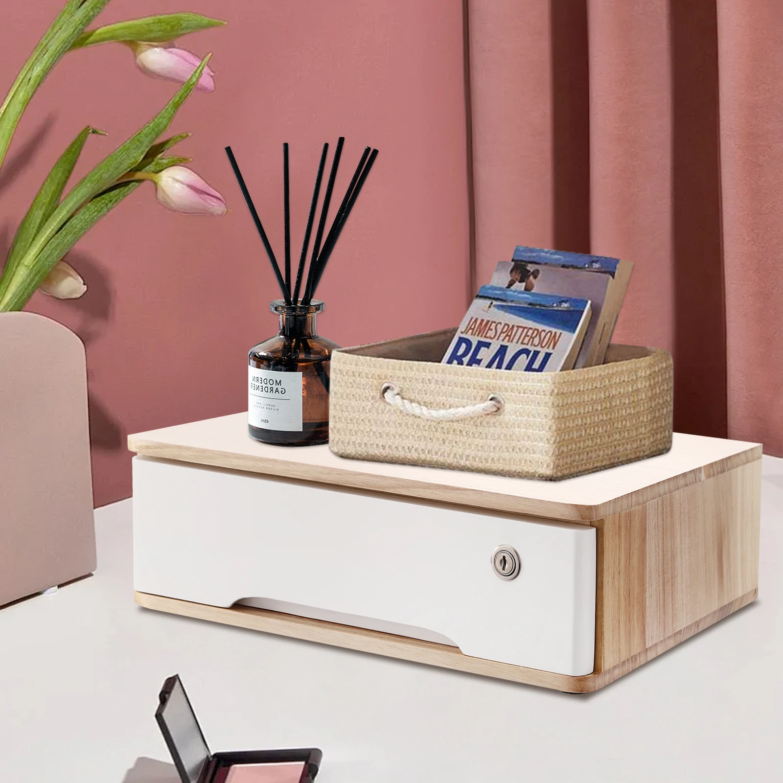 40*28*12cm Indoor Wood Desktop Storage Box Rectangular Office Supplies Drawer Organizer with Recessed Handle