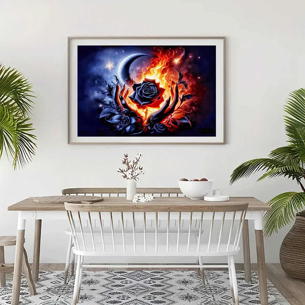 Dark Rose with Flames & Moon Scene Jigsaw Puzzle Adult Gothic Fantasy Theme Intellectual Game Home Leisure Decorative Puzzle Toy