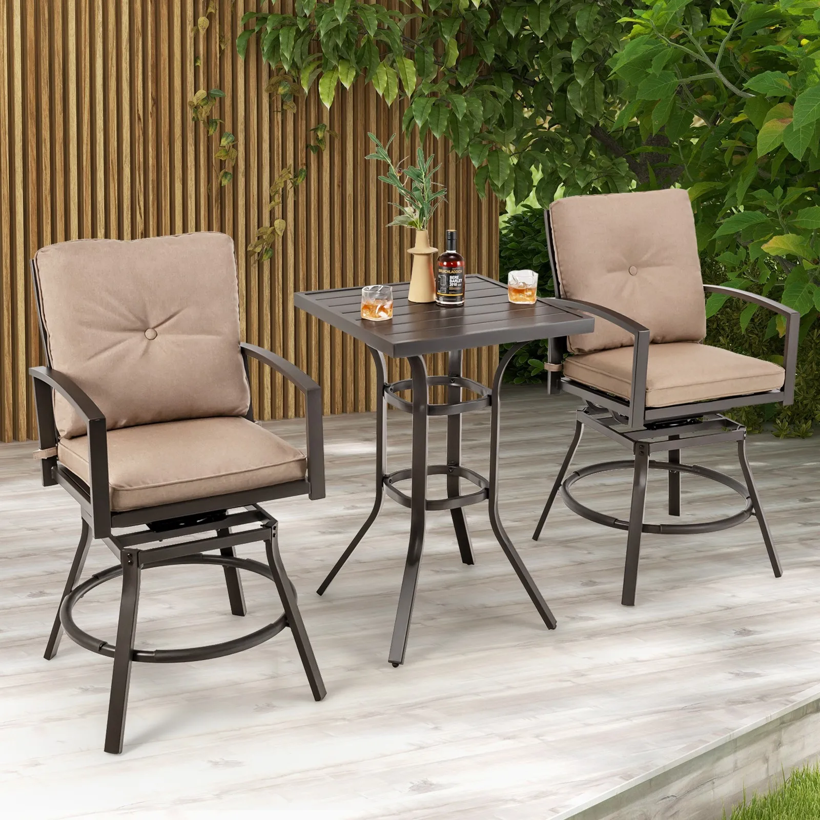 

Patio 3pcs Swivel Bar Height Bistro Set Cushioned Table Stools Furniture Outdoor