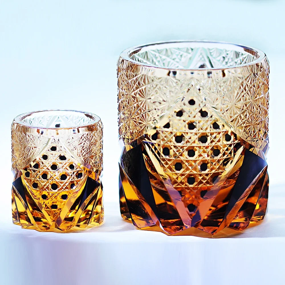 Heavy Japanese Style Edo Kiriko Amber Black Whiskey Glass Tumbler - Home Bar Decor Rocks Bucket Cocktail Glass for Business Men