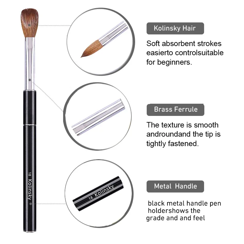 100% Kolinsky Acrylic Nail Brush Oval Crimped Black Metal Handle Professional Good Quality for Acrylic Powder Size 2-18