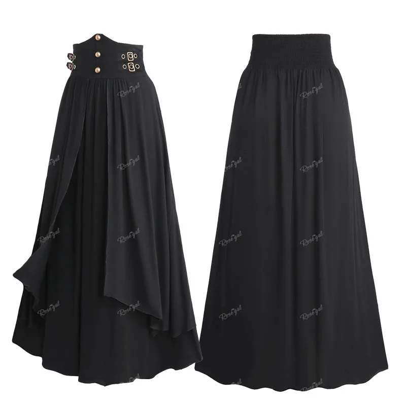 ROSEGAL Plus-Size Gothic Damesrokken Zwarte Riem Gesp Grommet Klinknagel Gelaagde Ruches Enkellange A-lijn Rok Oversized