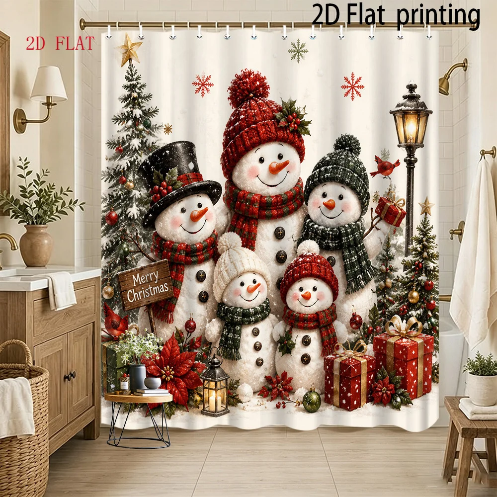 2D Flat, 2D Flat, 1pc 2D Flat Large Size Shower Curtain with Christmas Snowman Family Design, Vintage Country Christmas Tree, Street Light, Red Cardinal Winter Holiday Pattern Bathroom Decoration