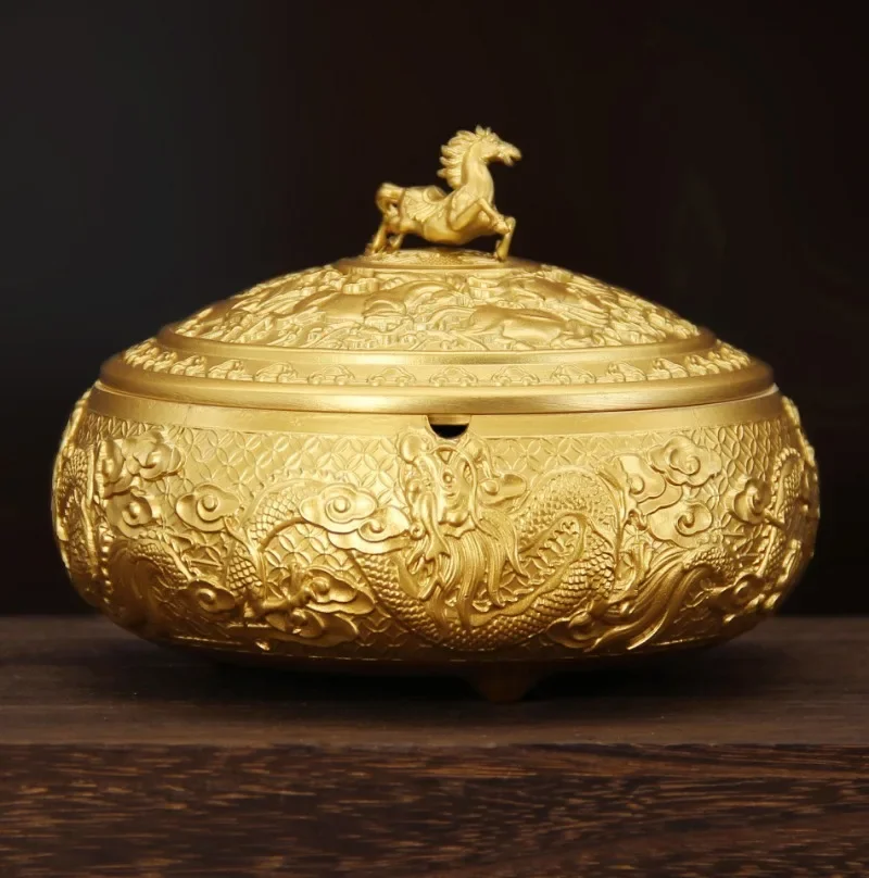 Pure Brass Dragon and Phoenix Ashtray Dragon Horse Can Open The Cover Home Office Living Room Tea Table Decoration