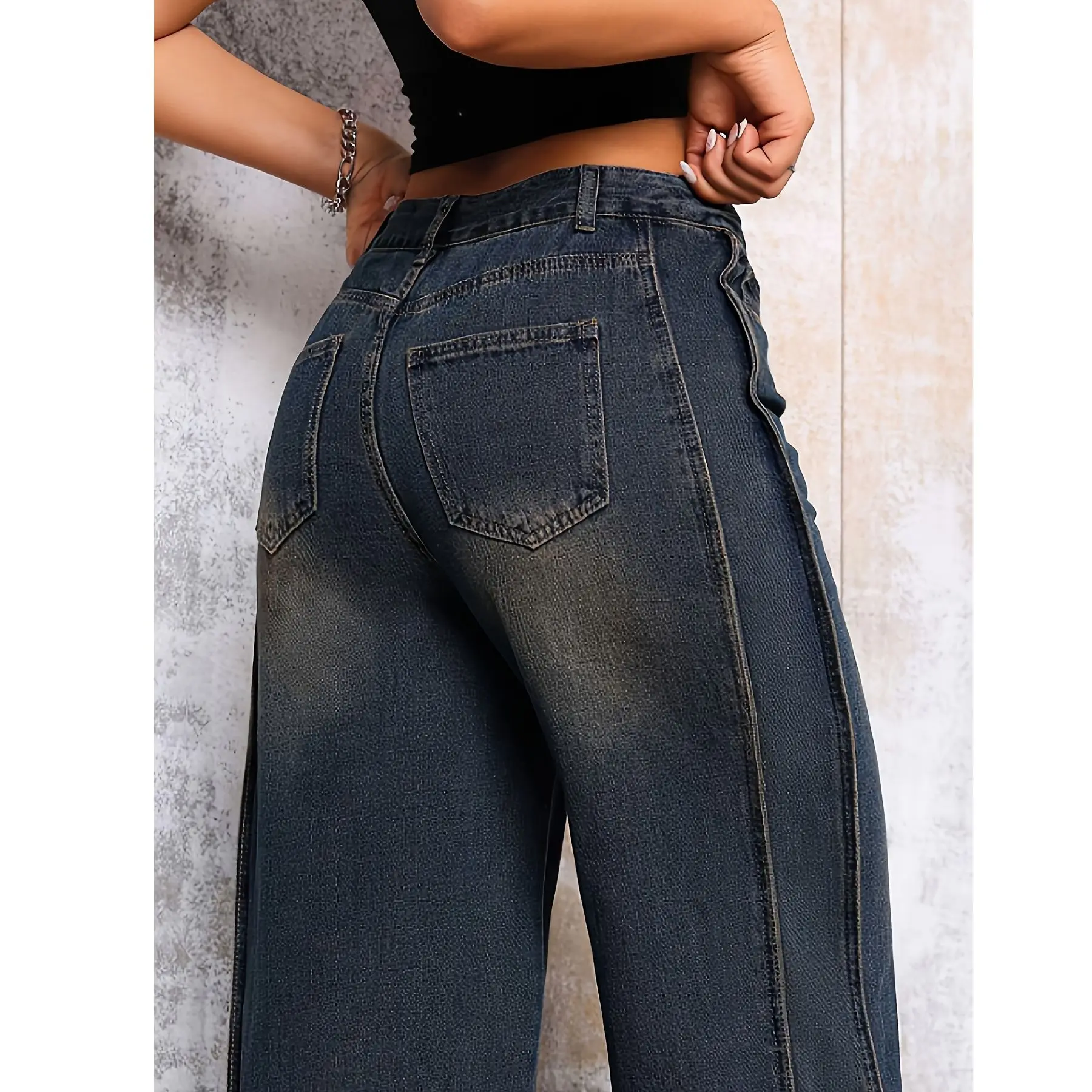 

Большие размеры 5XL 4XL Женские широкие джинсы с высокой талией Классические темно-синие потертые эластичные джинсы с пуговицами для элегантного стиля